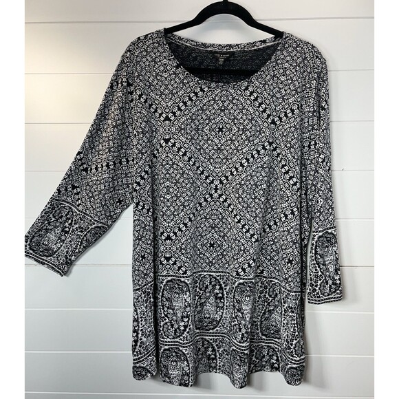 Lucky Brand Top Women 3X Blouse Black Paisley Cotton Modal Soft 3/4 Sleeve Boho